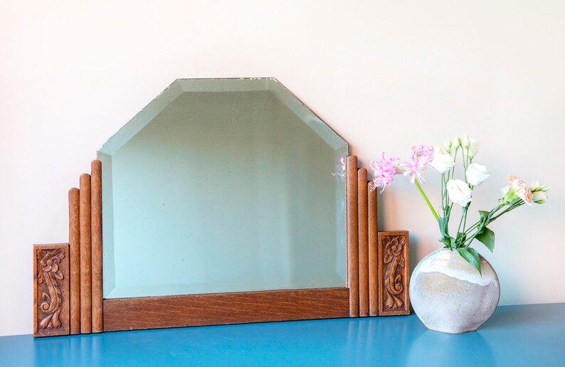 Art Deco Mirror With Beveled Glass, Large Oak Wooden Mantle Mirror, Amsterdam School, 1920s Design, Antique Dutch Wall Hanging zdjęcie 4