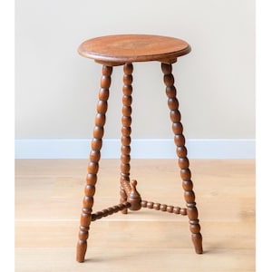 Antique Side Table With Bobbin Legs, Round Oak Plant Stand, Rustic Wooden Stool, Hand Carved Tripod Table