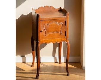 Antique Wooden Cabinet, French Bedside Table, Oak Telephone Table, Bend Legs, Scalloped Side Table With Door