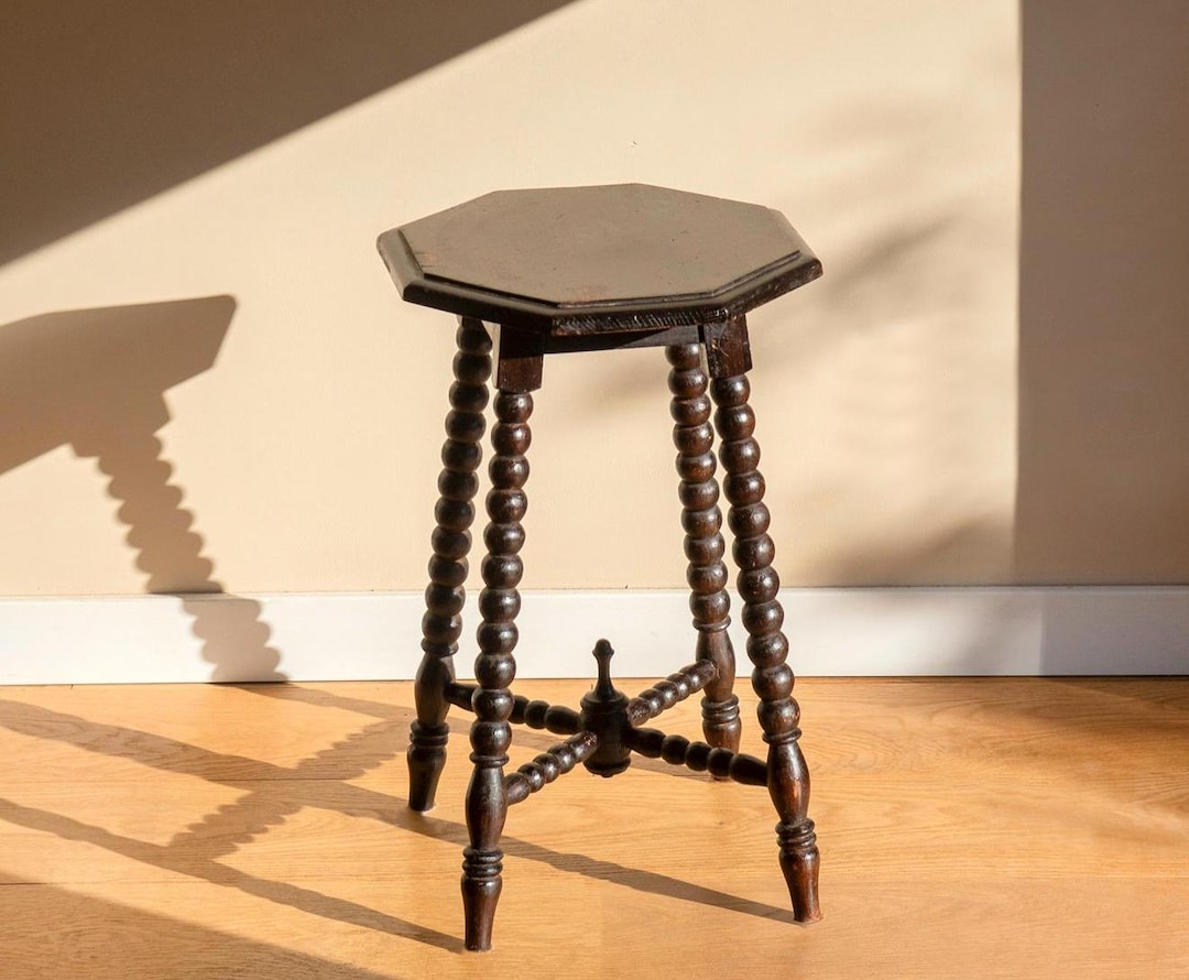 Antique Bobbin Stool - Dutch Wooden Side Table With Turned Bobbin Legs ...