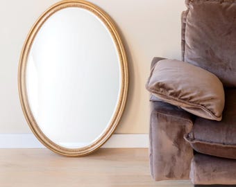 Large Oval Gold Mirror With Beveled Glass, Decorative Belgian Mantle Mirror, Baroque Ornate Mirror, 1960s Wall Mirror
