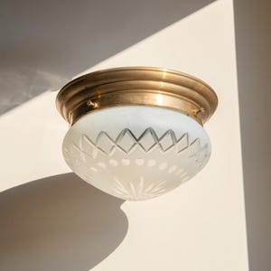 Art Deco Glass Ceiling Lamp, Carved Brass Ceiling Sconce, Antique Style Frosted Glass Lamp, Vintage Hanging Light, Rustic Home Decor