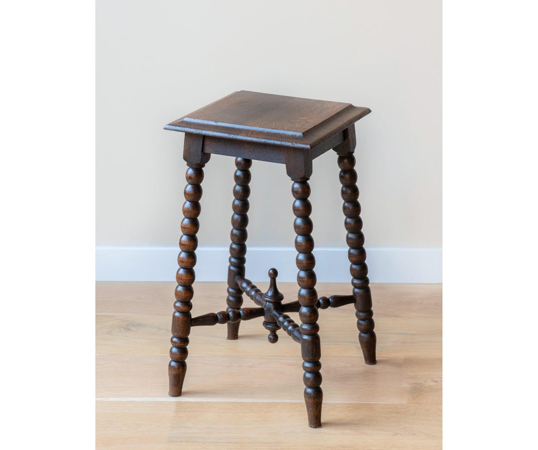Antique Side Table With Bobbin Legs, Dark Brown Plant Stand, Rustic Oak ...