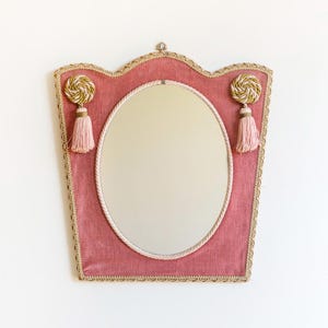 Velvet Upholstered Mirror With Tassels, Vintage Boudoir Wall Mirror, Decorative Italian Mirror, Baroque Style Wall Hanging