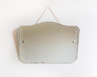 Specchio senza cornice Art Déco, specchio da parete antico con cordino, prodotto in Inghilterra, specchio inciso con vetro sfaccettato
