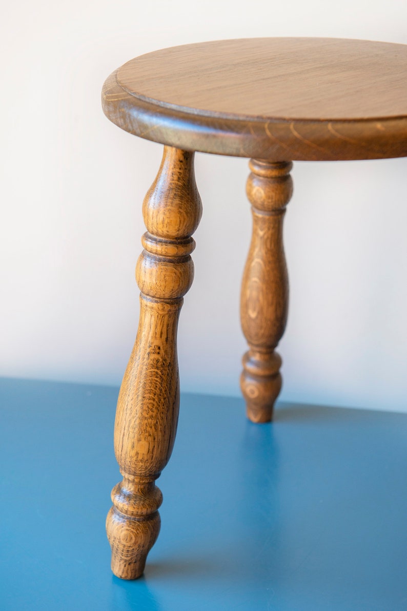 Antique Oak Stool – Rustic Tripod Side Table With Turned Legs ...