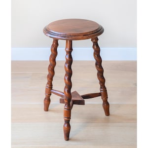 Oak Barley Twist Table, French Wooden Side Table, Hand Carved Coffee Table, Round Plant Stool With Turned Legs