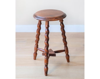 Oak Barley Twist Side Table - Antique French Tripod Table with Turned Legs