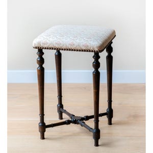 Antique Wooden Stool With Fabric Seat, Old Baroque Footstool, Victorian Bench With Carved Legs, Vintage Tabouret, Farmhouse Decor