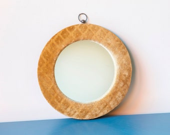 Round Velvet Mirror, Vintage Upholstered Wall Mirror, 1950s Design, Decorative Beige Mirror, Victorian Style Wall Hanging