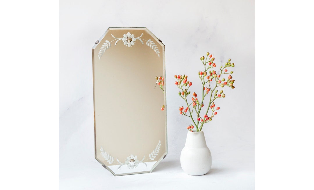 Antique Art Deco Frameless Mirror, Etched Floral Wall Mirror, Made in