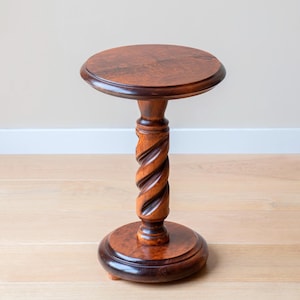 Oak Wooden Pedestal Table, Hand Carved Plant Stand, Round Barley Twist Table, Turned Foot, Dark Brown Coffee Table
