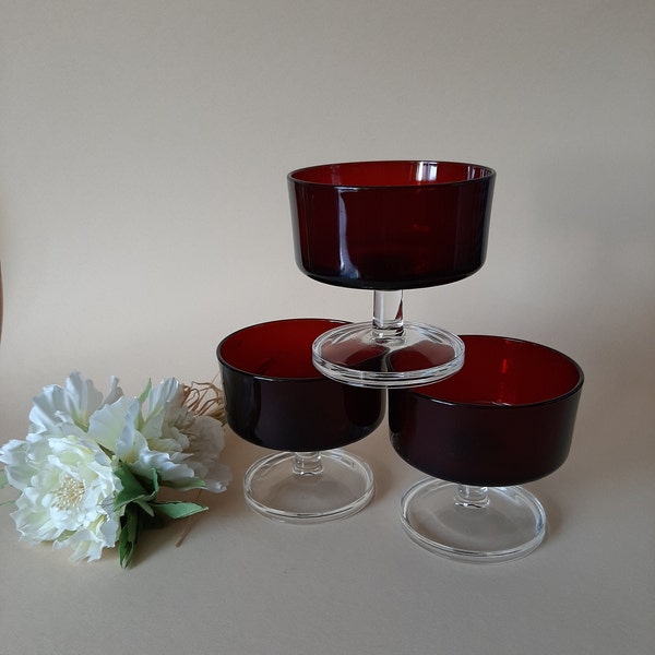 Vintage Luminarc Glas Sektschalen rot, Dessert Schale 70er Jahre, 3 Stück