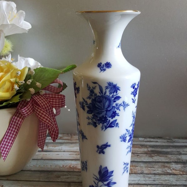 Jaeger &. Co Bavaria Porzellan Vase blaue Rosen Goldrand