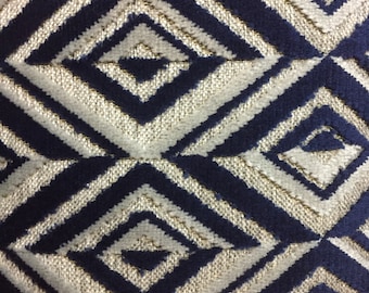 Geometric navy blue  Velvet  heavy weight   fabric by the yard, upholstery  home decor