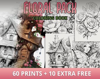 60 páginas para colorear florales, libro para colorear botánico, colorear casas de hadas, colorear imprimible, PDF imprimible, colorear para adultos, descarga instantánea