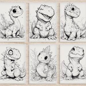 Op de afbeelding: Zes zwart-witte lijntekeningen van schattige cartoon-dinosaurussen met verschillende uitdrukkingen. De dinosaurussen staan ​​allemaal met gespreide benen. Ze hebben grote ogen en kleine monden. De tekeningen zijn op een witte achtergrond.