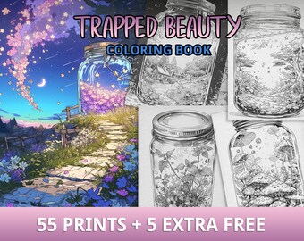 Más de 55 páginas para colorear de belleza atrapada, colorear frascos, colorear bosques, colorear la naturaleza, PDF imprimible, relajarse y aliviar el estrés, descarga instantánea