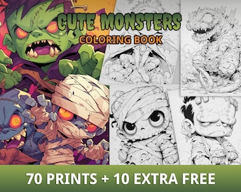 Más de 70 páginas para colorear de monstruos lindos, dibujos animados para colorear espeluznantes, colorear imprimible, PDF imprimible, alivio del estrés, descarga instantánea, terapia de arte
