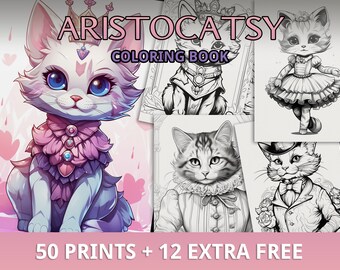 Más de 50 colorear Aristocatsy, colorear gatos, colorear gatos de fantasía, escala de grises, colorear animales, PDF imprimible, descarga instantánea, terapia de arte