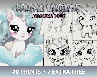 Más de 40 páginas para colorear de unicornios Kawaii, colorear unicornios, colorear Kawaii, colorear lindo, PDF imprimible, para niños y adultos, descarga instantánea