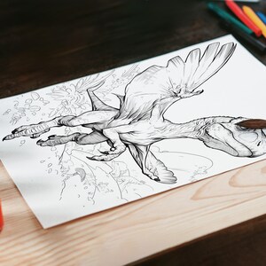 Op de afbeelding: Een zwart-witte lijntekening van een gevleugelde dinosaurus met zijn vleugels uitgespreid. De tekening is op een wit vel papier, dat op een houten tafel ligt. Er staan kwasten en verfpotten op de tafel.