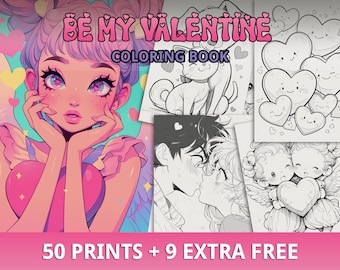 Más de 50 páginas para colorear de San Valentín, colorear Kawaii de San Valentín, alivio del estrés, colorear lindo, colorear Kawaii, PDF imprimible, descarga instantánea