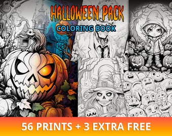 Más de 55 páginas para colorear de Halloween, páginas para colorear, PDF imprimible, páginas para colorear imprimibles, actividad de Halloween, descarga instantánea, terapia de arte