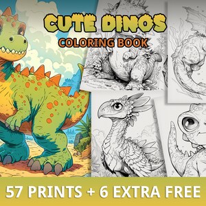 Op de afbeelding: Een kleurboek met schattige dinosaurussen. De omslag toont een groene en gele dinosaurus met oranje stekels. De titel van het boek is "Cute Dinos Coloring Book". Het boek bevat 57 afdrukken en 6 extra gratis afdrukken.