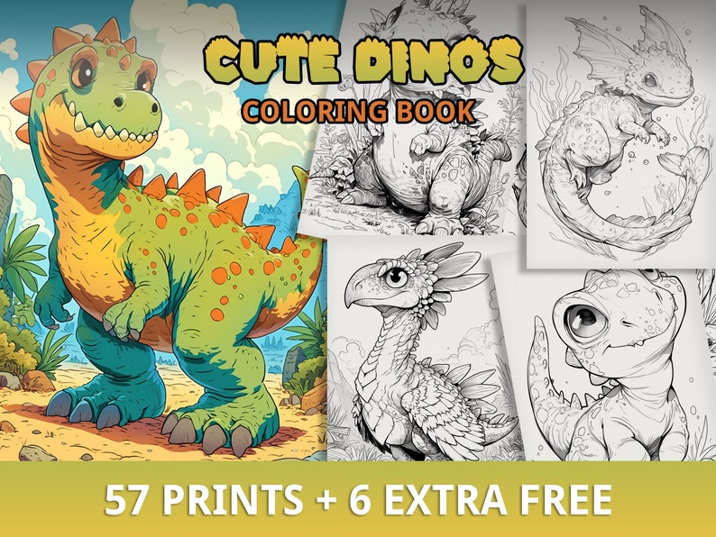 Op de afbeelding: Een kleurboek met schattige dinosaurussen. De omslag toont een groene en gele dinosaurus met oranje stekels. De titel van het boek is "Cute Dinos Coloring Book". Het boek bevat 57 afdrukken en 6 extra gratis afdrukken.