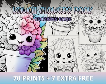 Más de 70 páginas para colorear Kawaii, lindas páginas para colorear, flores para colorear, colorear imprimible, PDF imprimible, para niños y adultos, descarga instantánea