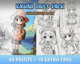 Más de 40 páginas para colorear de chicas Kawaii, colorear de chicas Chibi, colorear Kawaii, colorear lindo, PDF imprimible, para niños y adultos, descarga instantánea