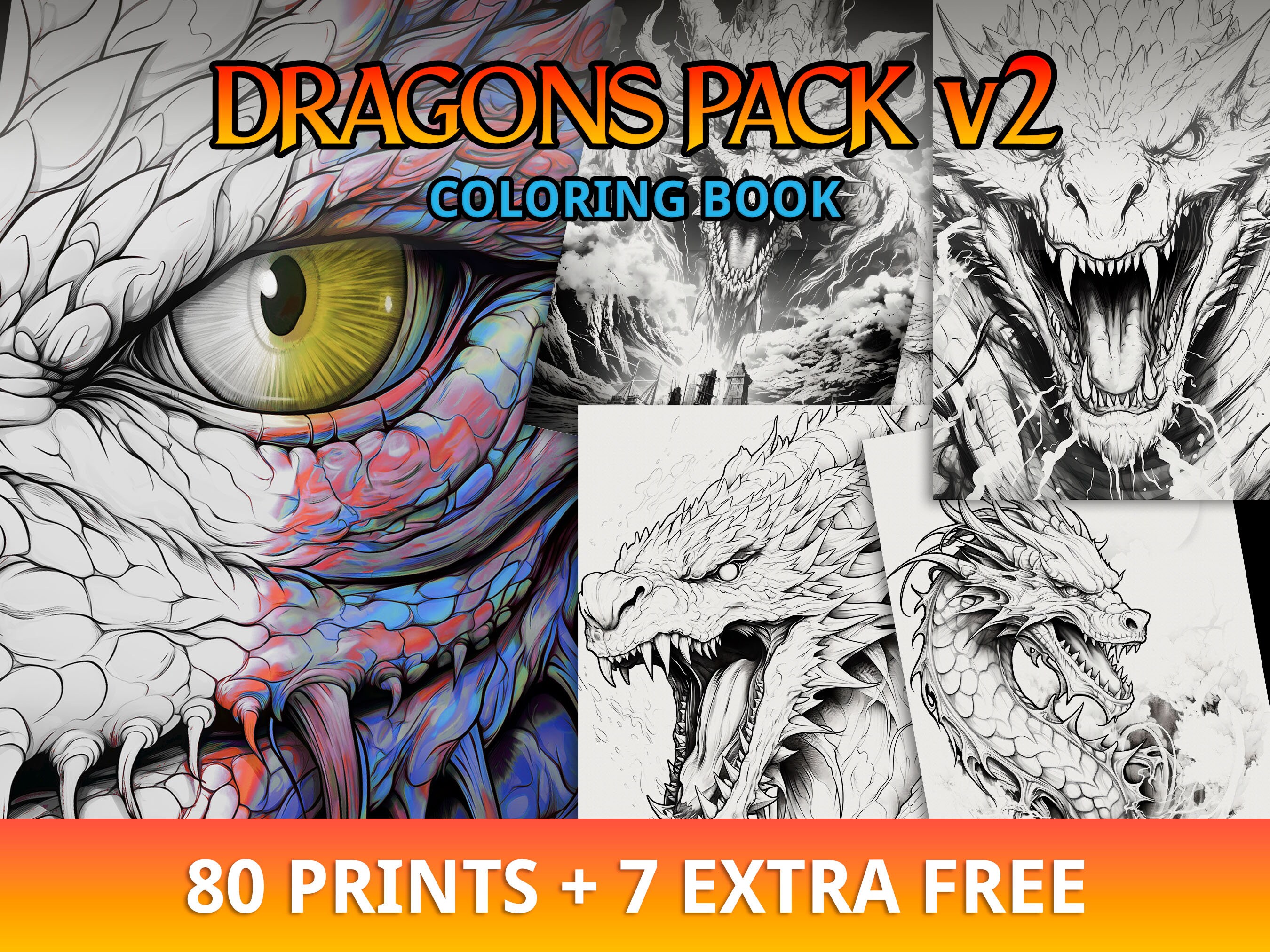 80 Adult Coloring, Instant Download, Art Therapy, Fantasy, Dragon ...