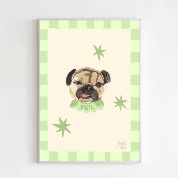 Impresión de retrato de mascota personalizada / Personalizada con estrellas y borde de rayas