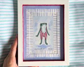 A Day At The Pond | Small Frog Framed Painting | hand painted mount and frame