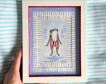 A Day At The Pond Frog Framed Painting | swimming beach nautical frogs cute funny stripes colourful Unique Hand Painted Frame and Mount