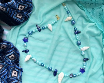 Pearl Beaded Necklace | Mermaid Blue Shell