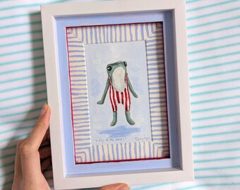 A Day At The Pond Frog Framed Painting | swimming beach nautical frogs cute funny stripes colourful Unique Hand Painted Frame and Mount