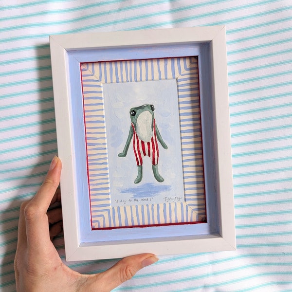 A Day At The Pond Frog Framed Painting | swimming beach nautical frogs cute funny stripes colourful Unique Hand Painted Frame and Mount
