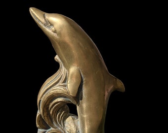 Vintage Heavy Brass Detailed Dolphin Bookend Figurine Felted Base Iconic Design Perfect for Beachhouse Decor or Library