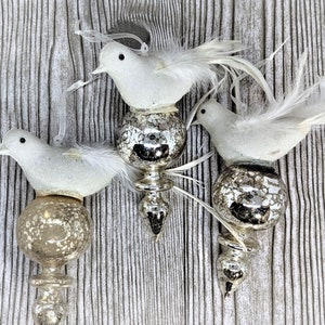 Vintage Silver Mercury Glass Ornaments with Feathered Doves Set of 3