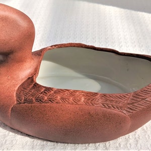 Mid Century Modern Faux Wood Ceramic Duck Planter Matte Finish Glazed interior