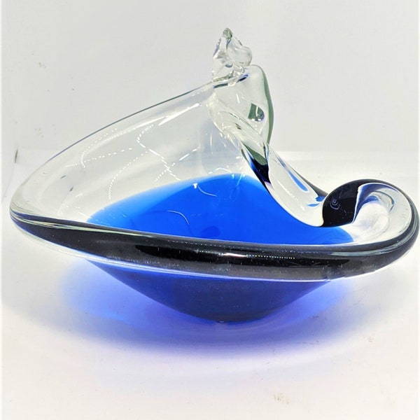 Murano Art Glass Cobalt Sommerso Bowl/Ashtray shell swirl *AS IS