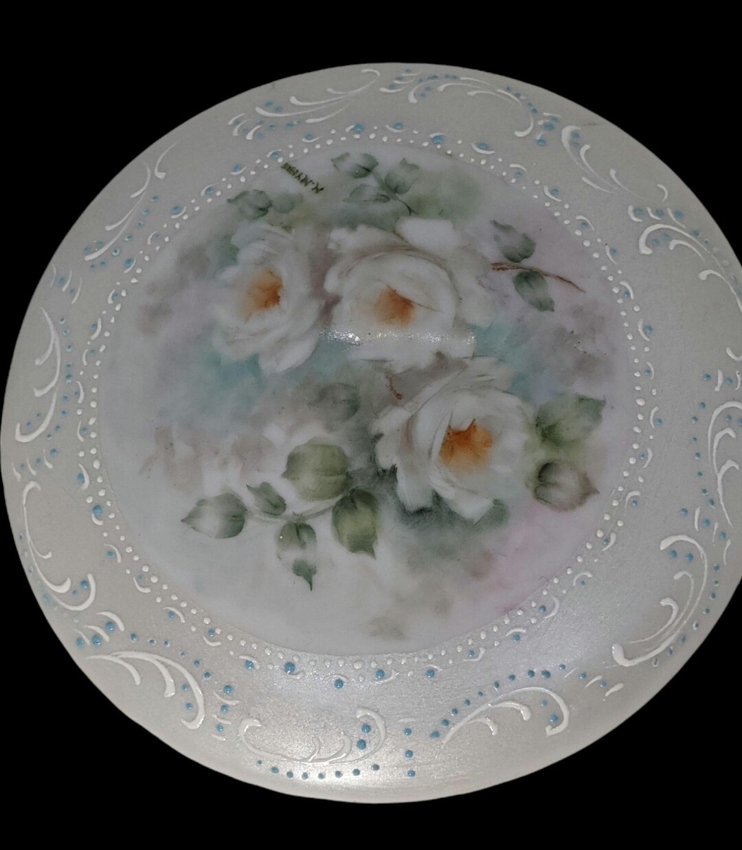 Large Hand Painted Porcelain Powder Jewelry Trinket Dresser Box Signed ...