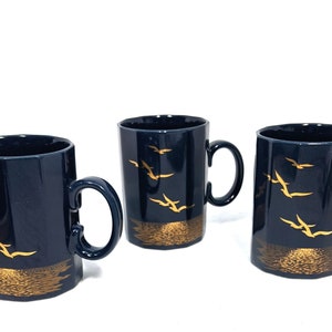 Vintage Otagiri Seagull Paneled Coffee Mugs Cups Navy Blue and Gold Set of 3