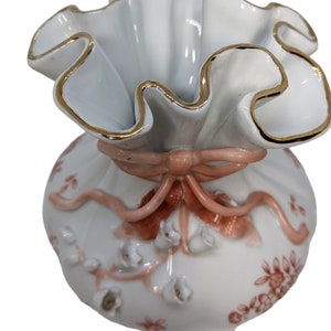 Lefton China Porcelain Floral Ruffled Opening Soft Red Bag Sack Vase Applique Flowers Vintage Bridal Wedding Mother&#39;s Gift
