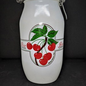 1980s Carlton Glass Ermetico  Signed Flour Storage Jar Flash painted with Cherry Design Country Chic Cottage Core Red & White Kitchen