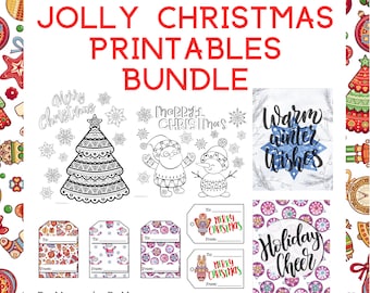 Paquete de imprimibles navideños alegres (páginas para colorear navideñas, etiquetas de regalos navideños, tarjetas de felicitación navideñas, arte mural navideño).