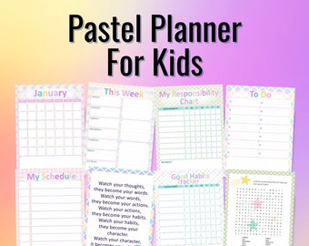 Planificador imprimible en colores pastel para niños / Planificador de regreso a la escuela 22021 / Planificador colorido / Planificador mensual sin fecha para niños / Planificador de estudiantes