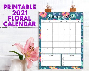 Printable 2021 Floral Calendar | Monthly planner 2021 | Floral planner 2021 | Pretty printable planner 2021